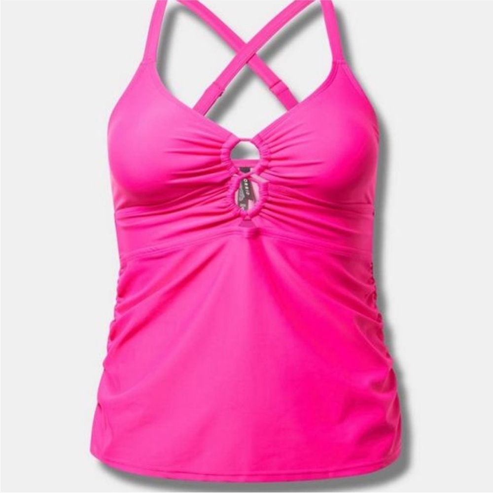 TORRID Bright Pink Cross-Back Ruched Tankini Top size 2 (2X, 18/20) NWT